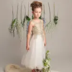 Girls Ivory & Gold Embroidered Tulle Dress