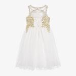 Girls Ivory & Gold Embroidered Tulle Dress