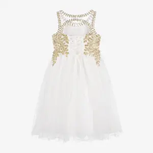 Girls Ivory & Gold Embroidered Tulle Dress