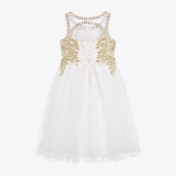 Girls Ivory & Gold Embroidered Tulle Dress