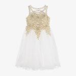 Girls Ivory & Gold Embroidered Tulle Dress