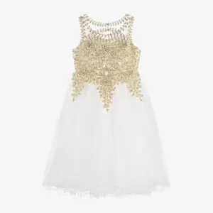 Girls Ivory & Gold Embroidered Tulle Dress