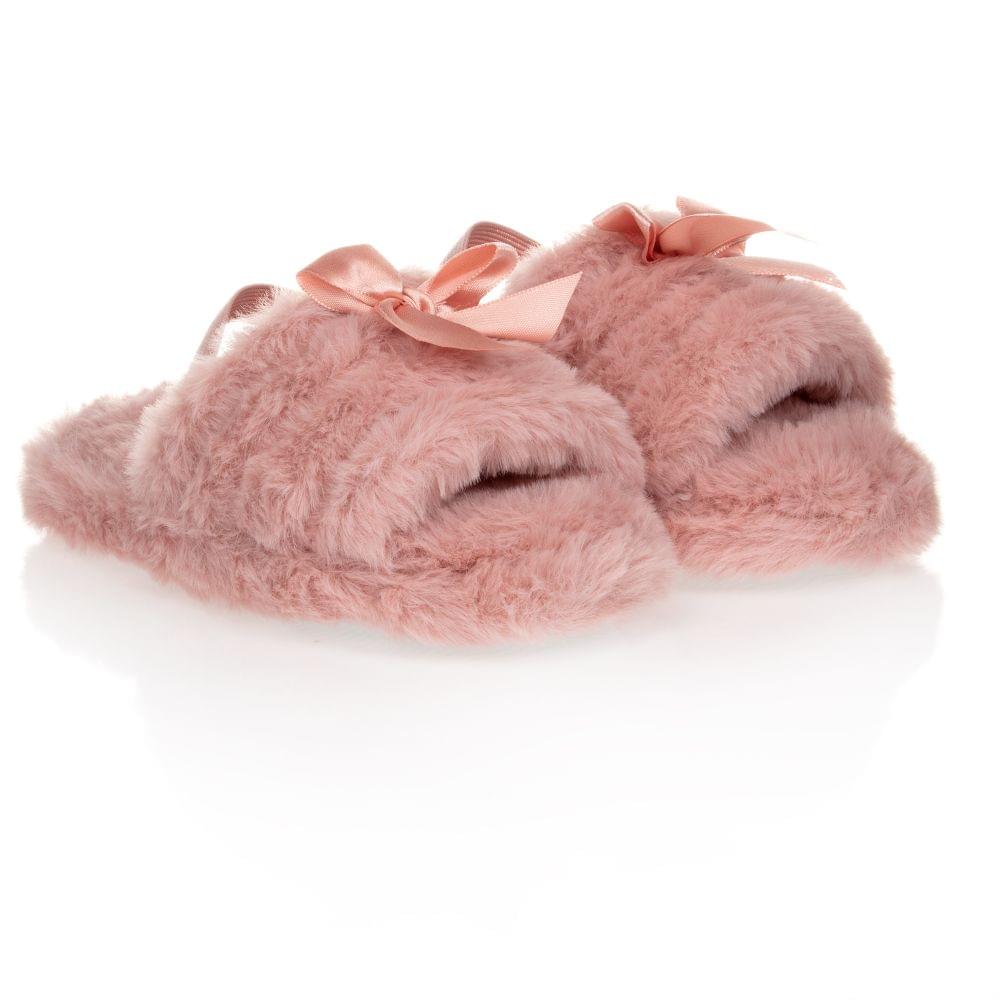 Pink Faux Fur Bow Slippers Girls Nightwear Freckles