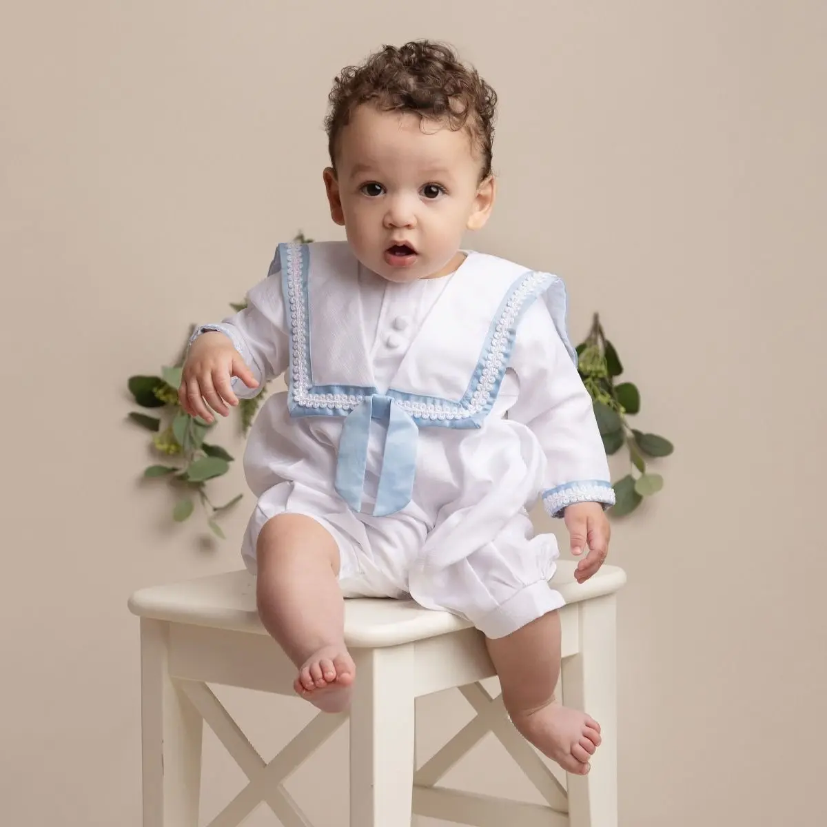 Baby Boy White & Blue Romper | Christening Suits | Freckles
